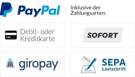 PayPal, inklusive der Zalungsarten: Drebit- oder Kreditkarte, Sofortüberweisung, giropay und SEPA Lastschrift